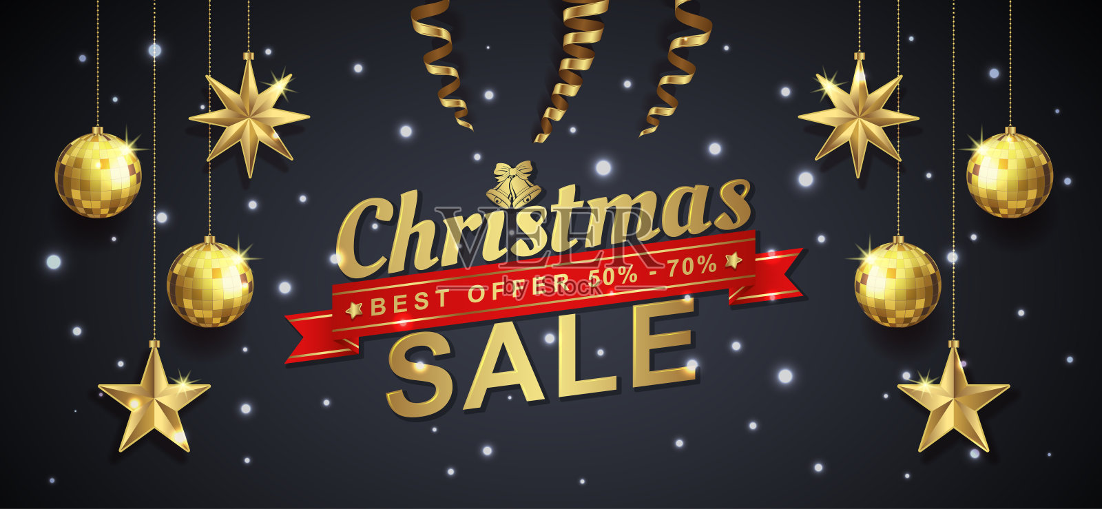 圣诞销售横幅模板排版，金色闪光球，悬挂的星星，雪和丝带装饰传单，海报，网页，横幅，和卡片矢量插图插画图片素材
