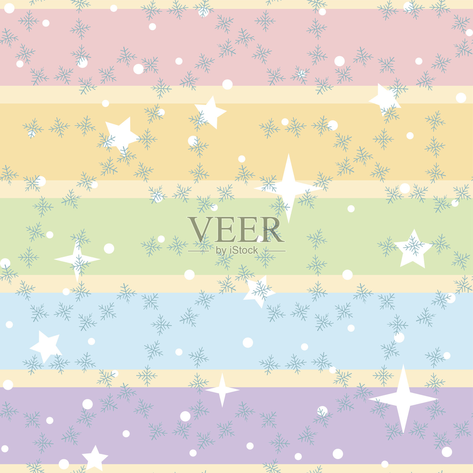 雪花、点点和星星在彩色条纹背景上。圣诞插图。插画图片素材