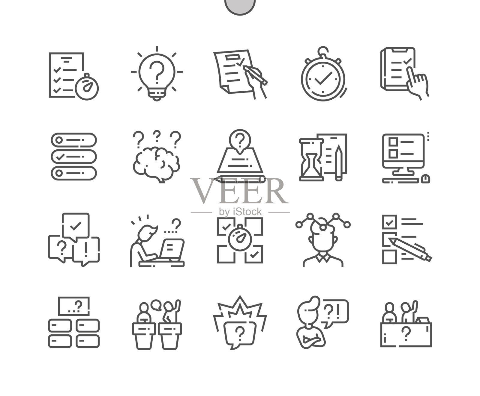 测验。选择一个答案。答案选项。测试时间。像素完美矢量细线图标。简单的最小象形文字插画图片素材