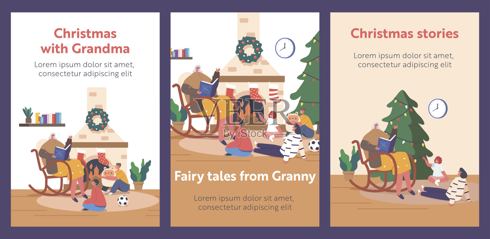 圣诞和奶奶卡通横幅。孩子们听故事，奶奶坐在扶手椅上读书籍矢量海报设计模板素材
