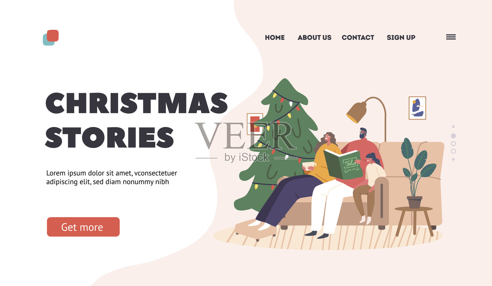 圣诞故事登录页模板：快乐的家庭，父母和孩子阅读插画图片素材