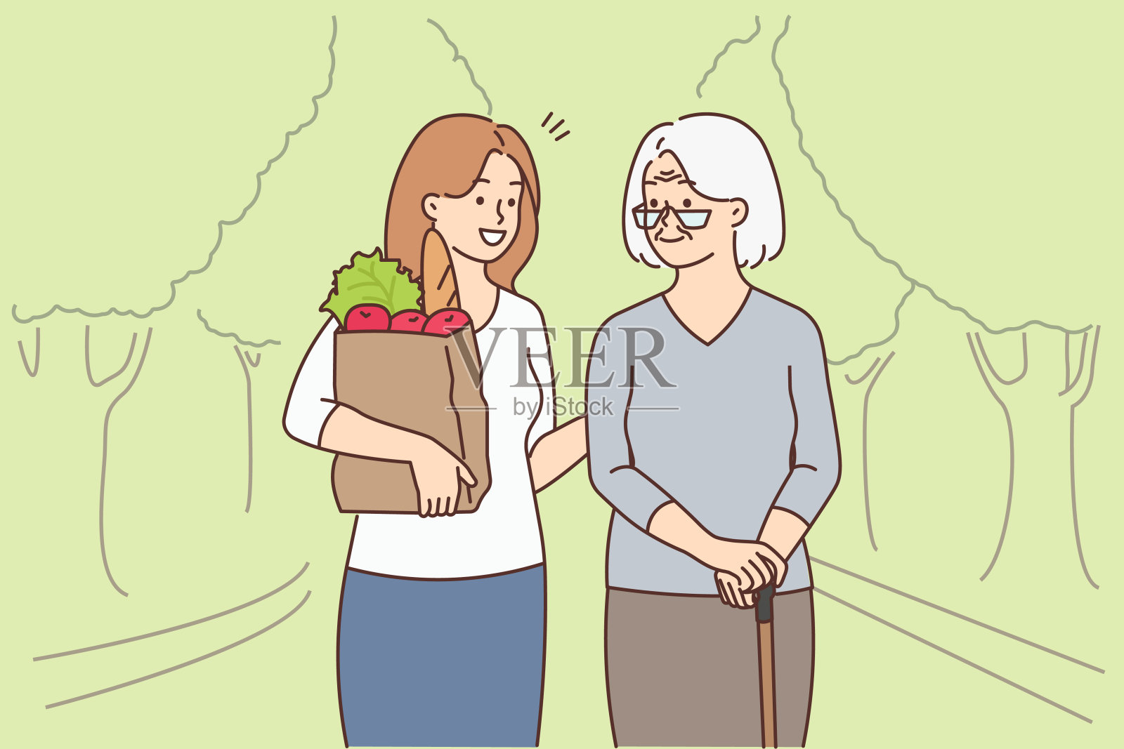 带着杂货的女孩帮助老祖母插画图片素材