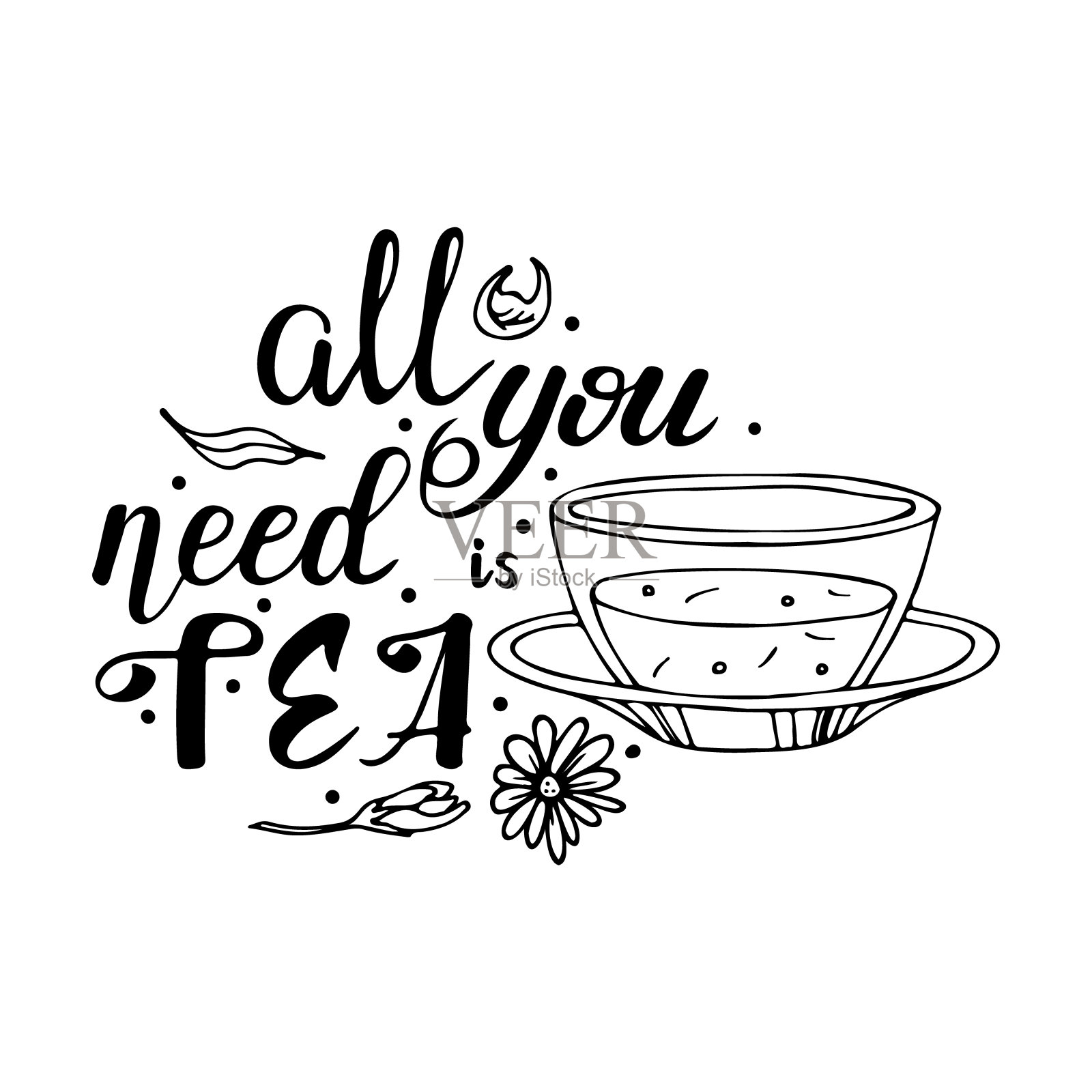 手写排版海报与饮料短语在它。矢量书法引用与茶道。手绘涂鸦墨水在白色孤立的背景。插画图片素材