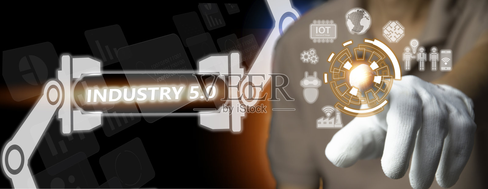 工业革命第5号的概念是改进生产过程，使其更有效率。通过人类、智能系统和机器人之间的合作照片摄影图片