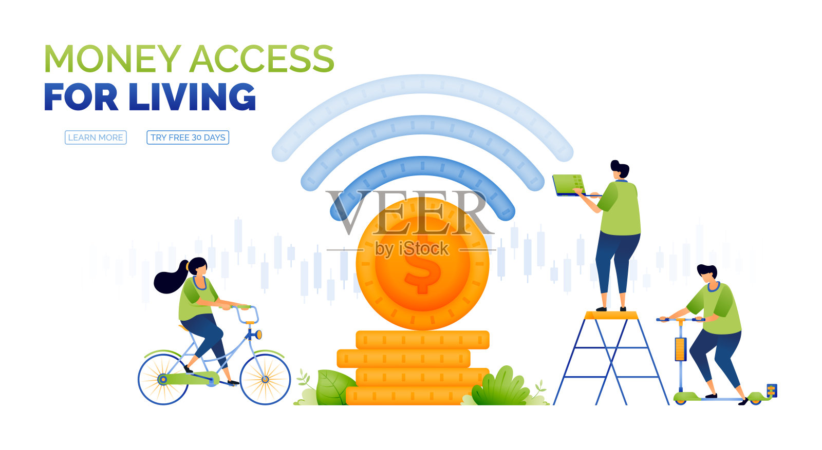 带有wifi信号的硬币插图，用于每个人都可以访问的金融和银行部门。成堆的硬币用于投资回报和利息。可以用于广告，海报，活动，应用程序插画图片素材