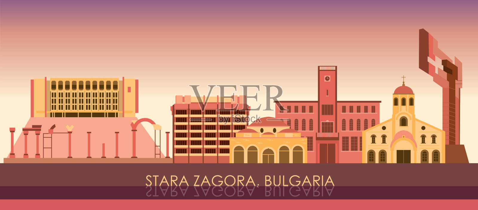 保加利亚斯塔扎格拉市的日落天际线全景图插画图片素材