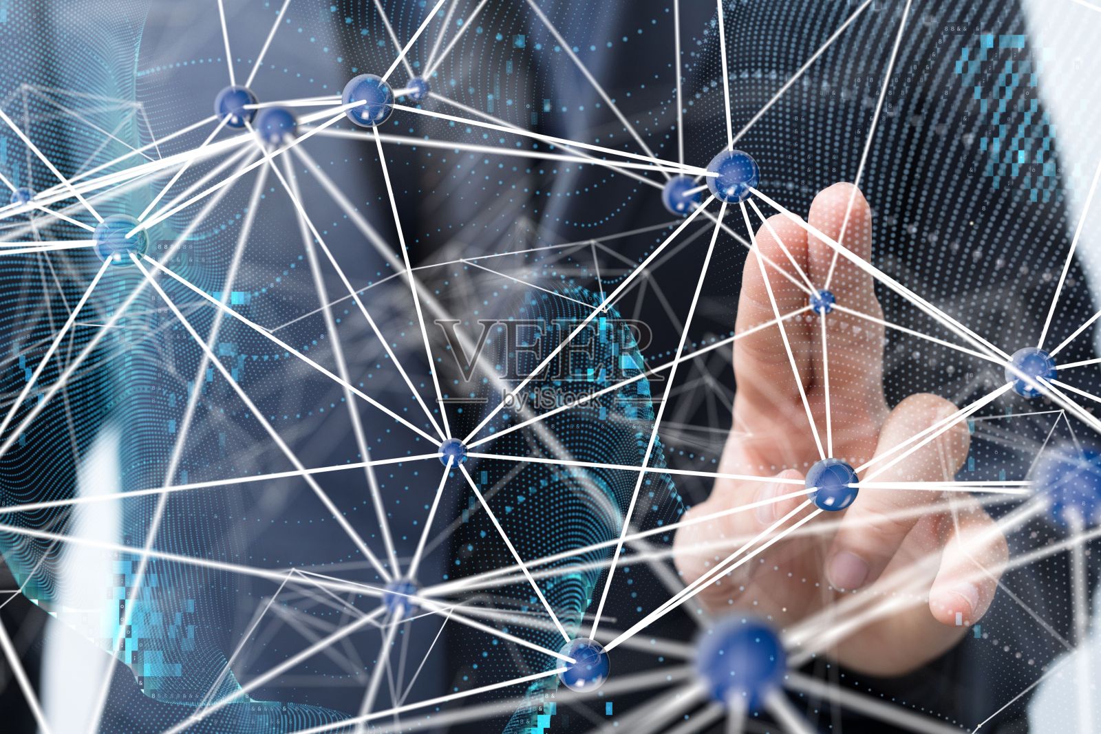 一名男子敲击着未来数字网络线的浮动3D渲染图照片摄影图片