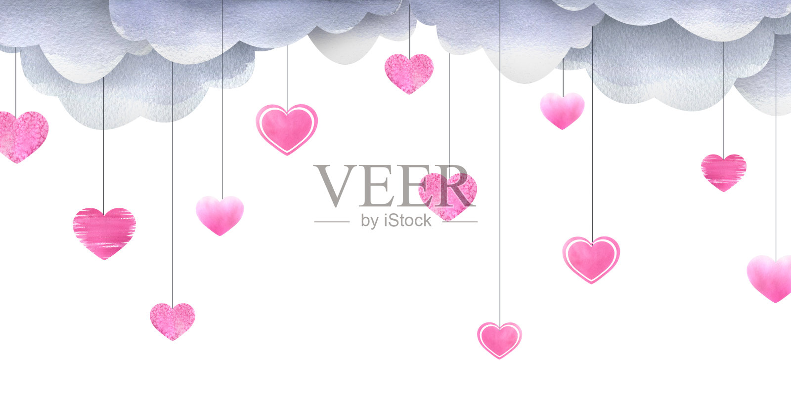 灰色的云朵上悬挂着不同质地的粉色心形。水彩插图。情人节系列的木板。登记和设计邀请函，明信片，海报。插画图片素材