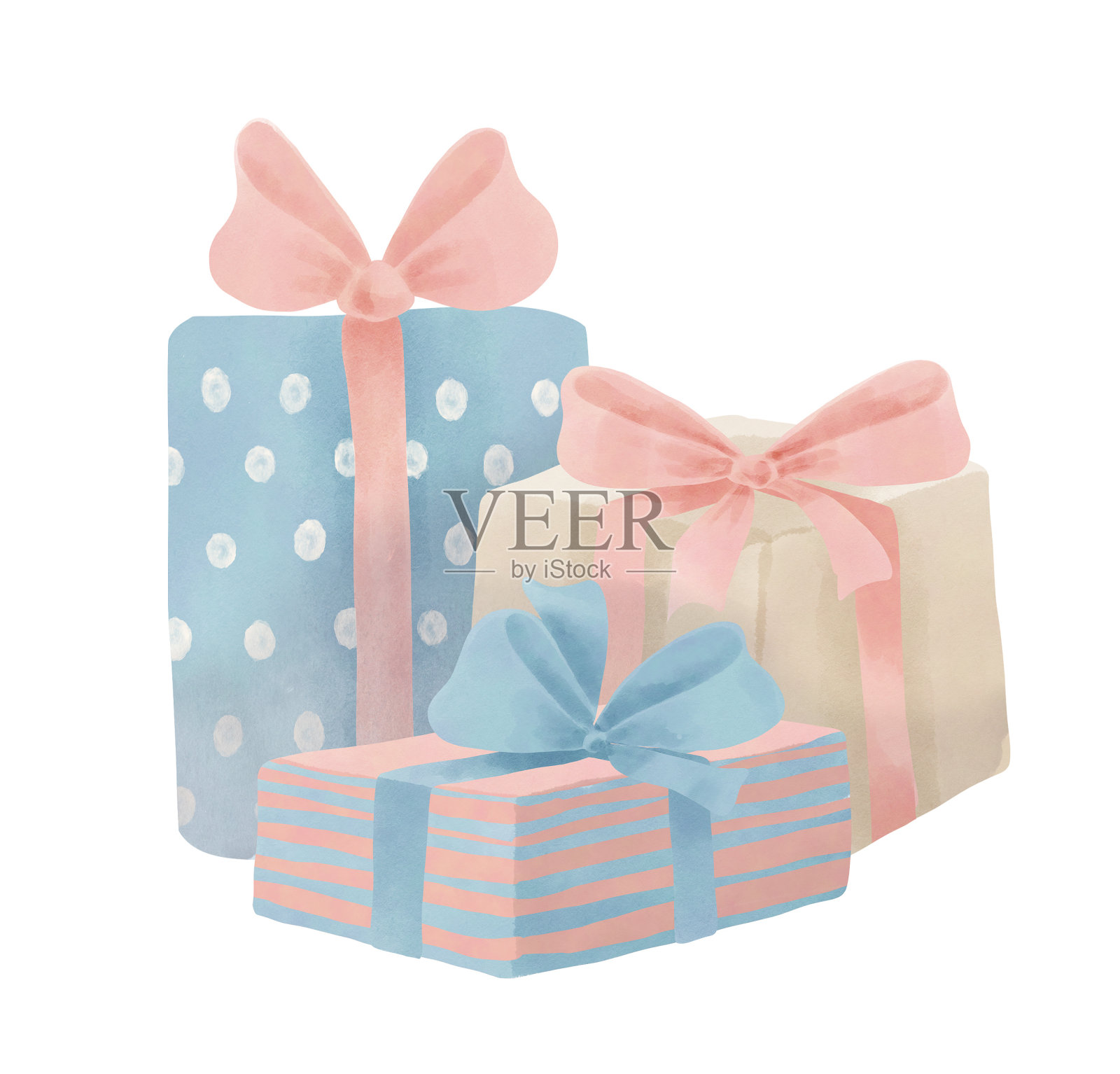 水彩礼盒在可爱的柔和的颜色。手绘节日插图在孤立的背景，生日快乐或节日设计。复古风格的新年或圣诞节礼物设计元素图片