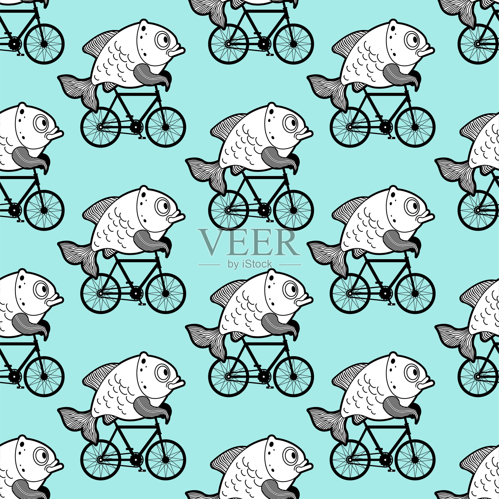 鱼在自行车图案无缝。自行车上的鲤鱼卡通背景。婴儿面料质地插画图片素材