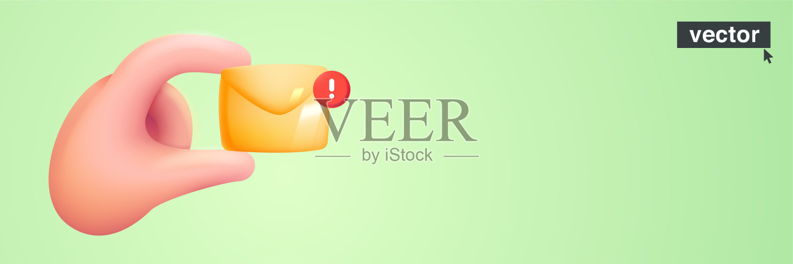 手持信封与通知圆徽章的渐变背景。逼真的矢量3D设计在卡通风格。插画图片素材