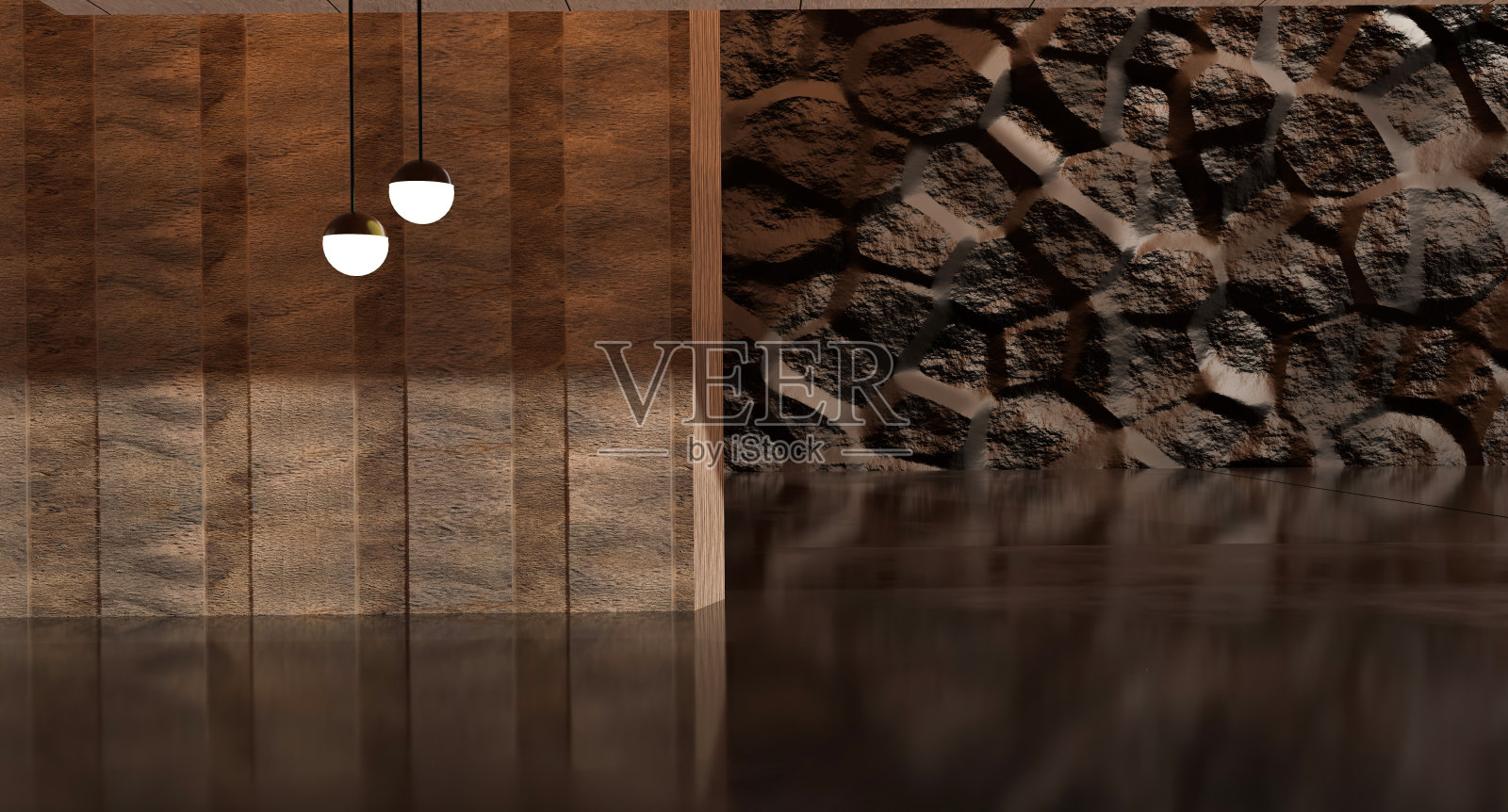 客厅内部有石墙和内置聚光灯。照片摄影图片