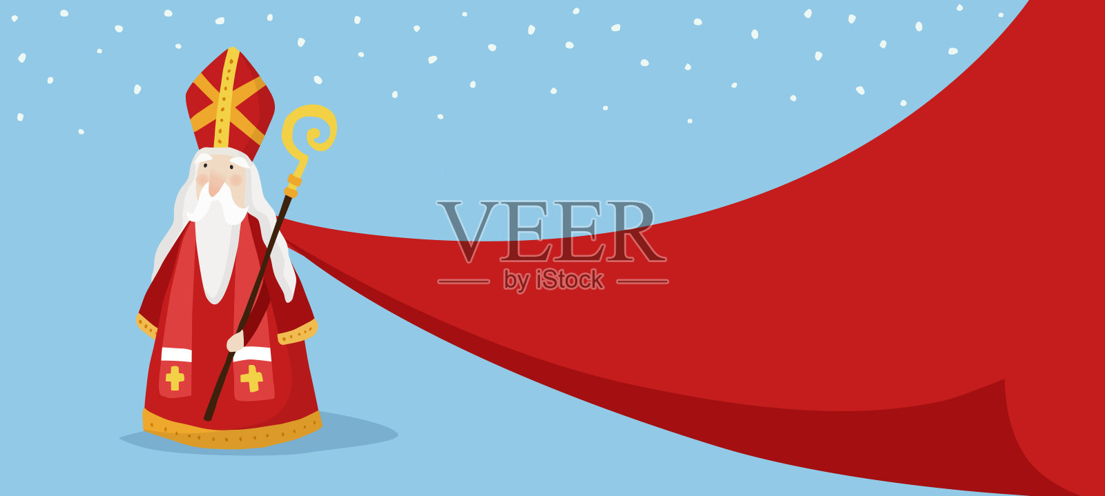 圣尼古拉斯节贺卡、邀请函。冬天的网横幅上有圣诞老人，长着胡子，戴着冠冕，穿着红色的长外套。蓝色背景和飘落的雪花。捷克，斯洛伐克和荷兰的传统。插画图片素材