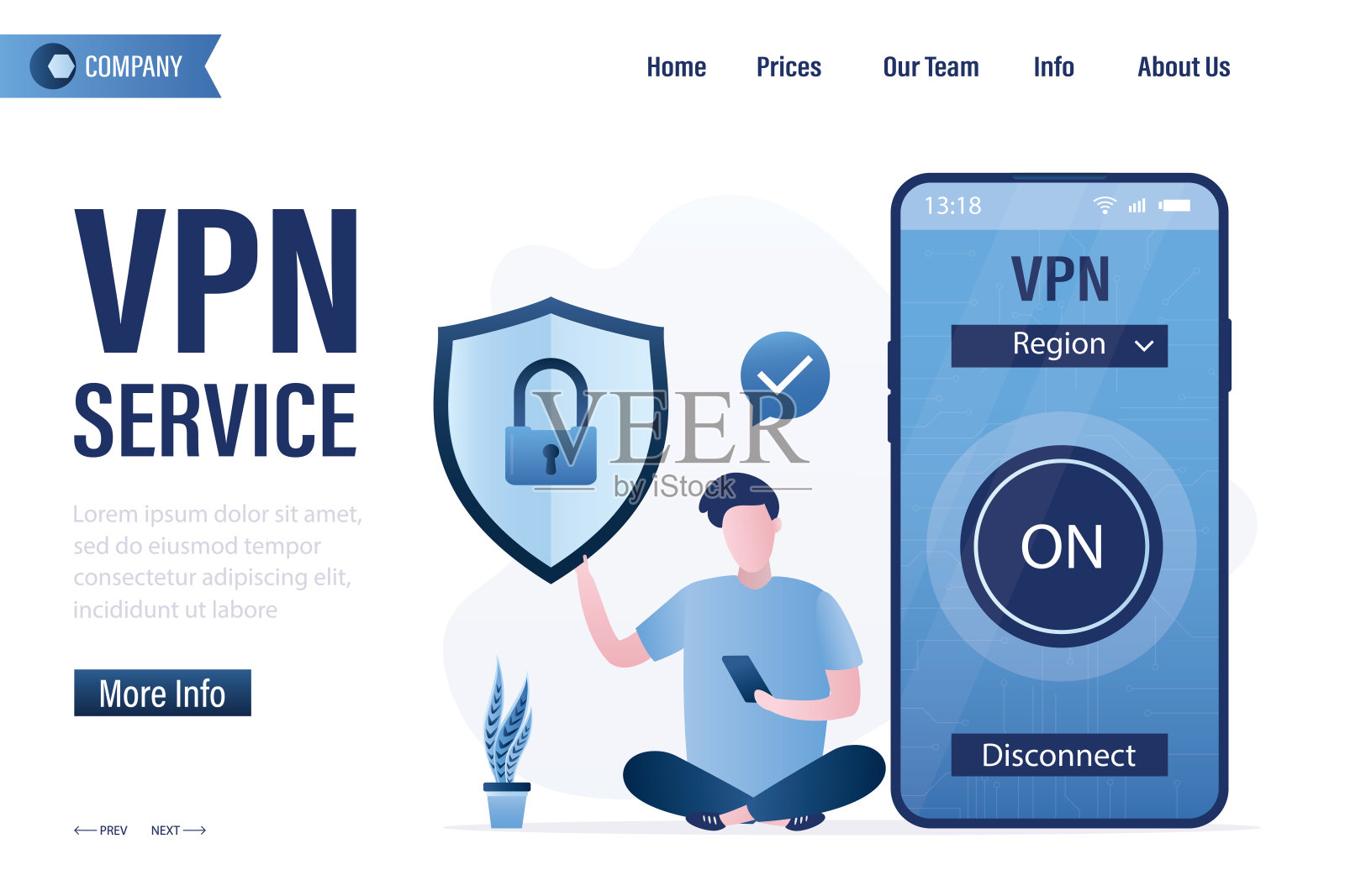 男性用户手持防护盾。智能手机屏幕上的VPN业务。应用程序的安全互联网连接，数据加密。安全协议。虚拟专网，登陆页模板。插画图片素材