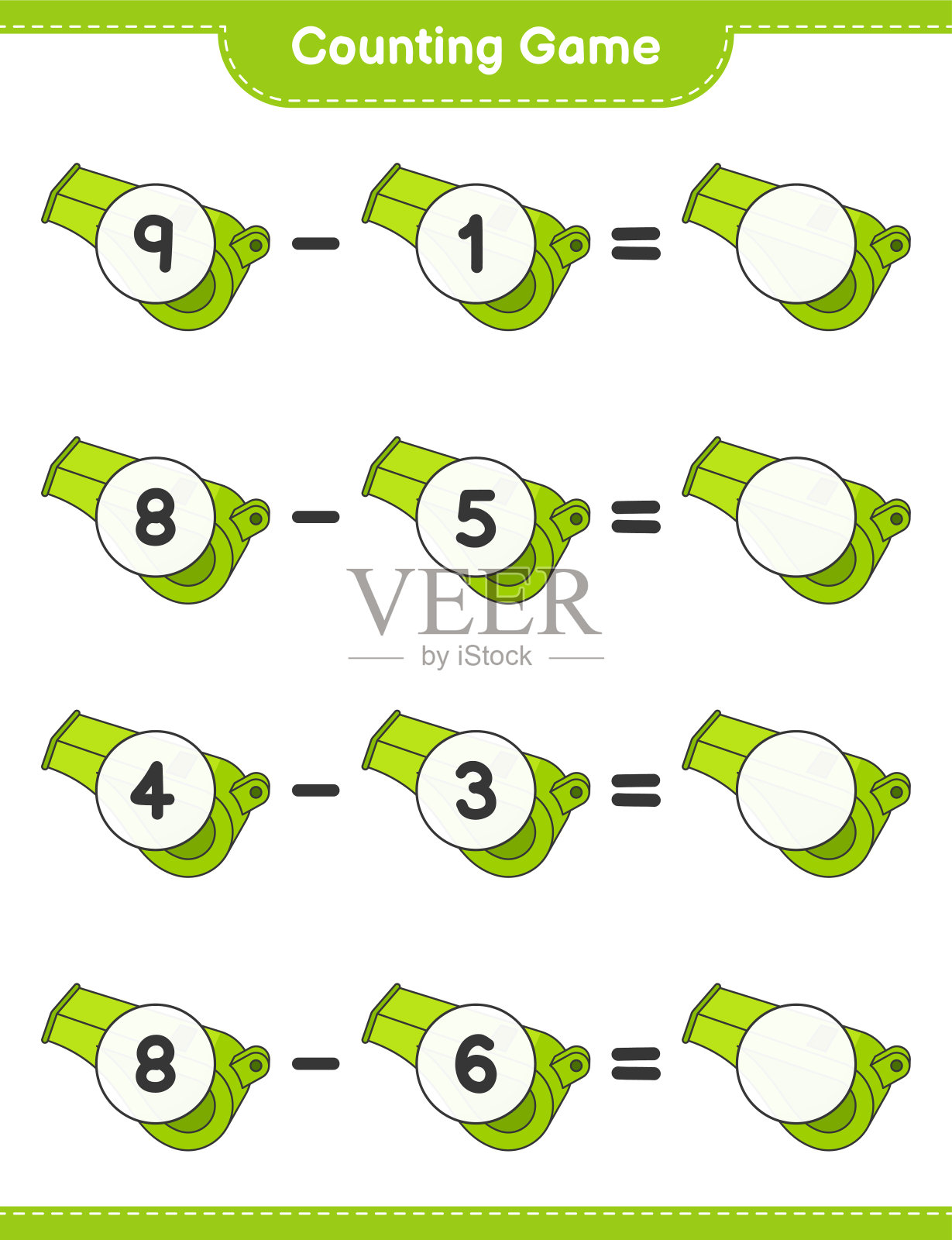 数和匹配，数哨的数量和匹配正确的数字。教育儿童游戏，可打印的工作表，矢量插图插画图片素材