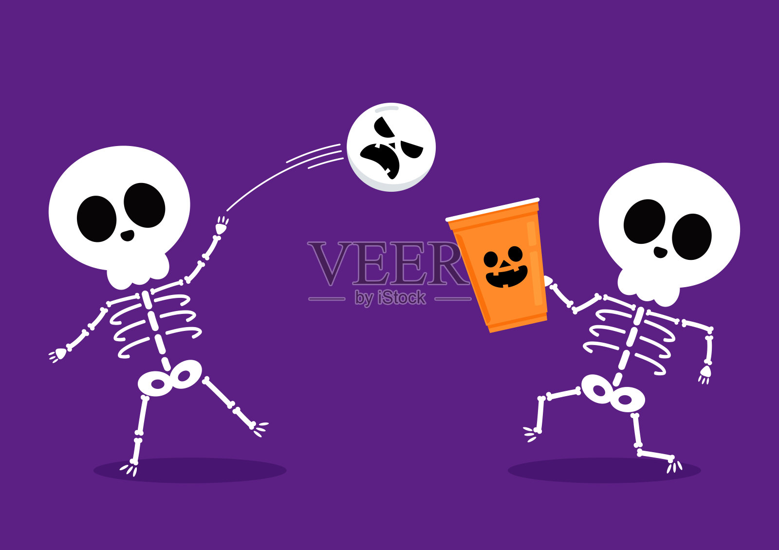 可爱的万圣节骷髅漫画。塑料杯上的万圣节脸。党杯孤立。背景，矢量插图。万圣节啤酒杯向量。啤酒“乒乓”游戏。塑料杯上的万圣节脸。插画图片素材