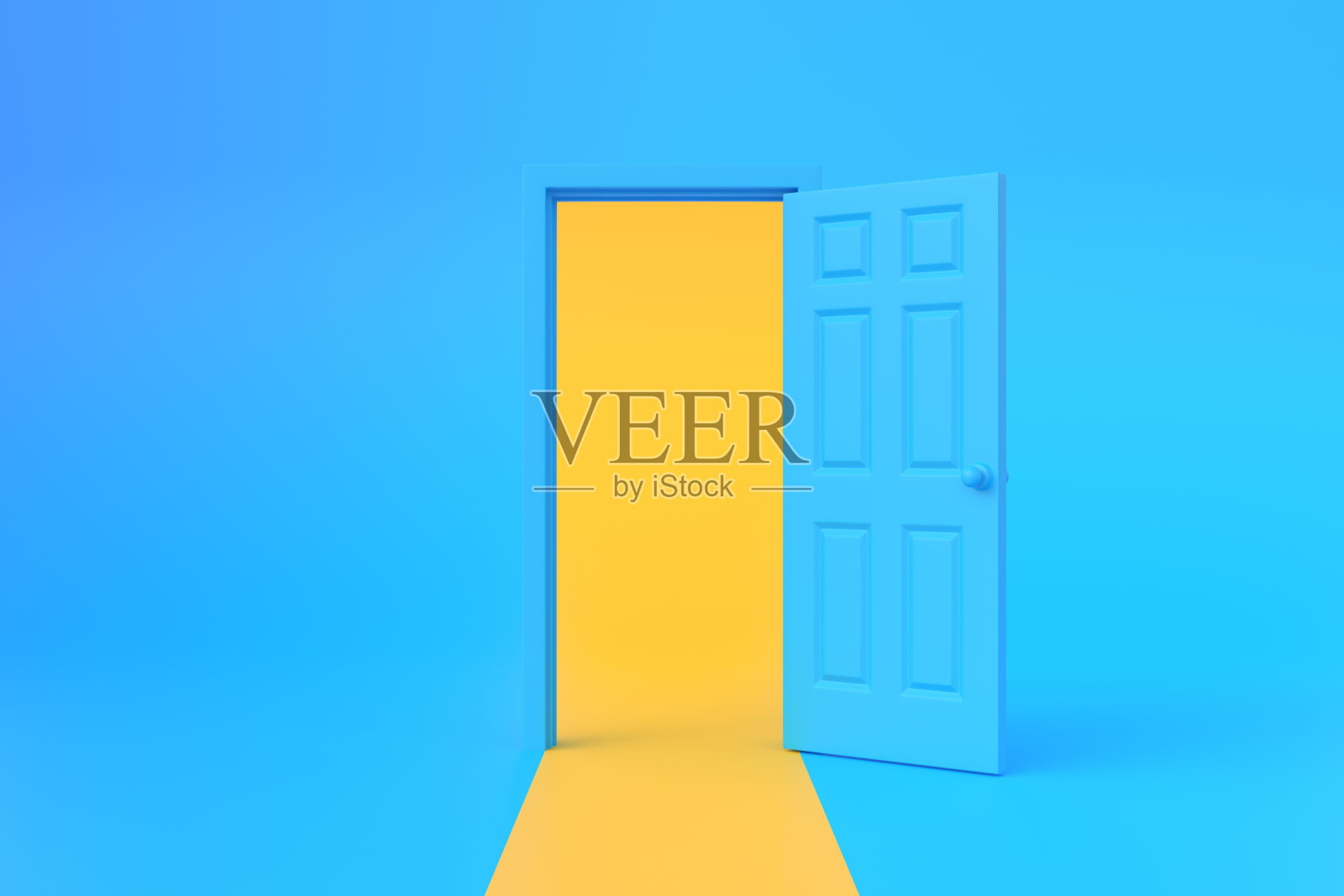 黄色的光穿过蓝色背景房间的门照片摄影图片