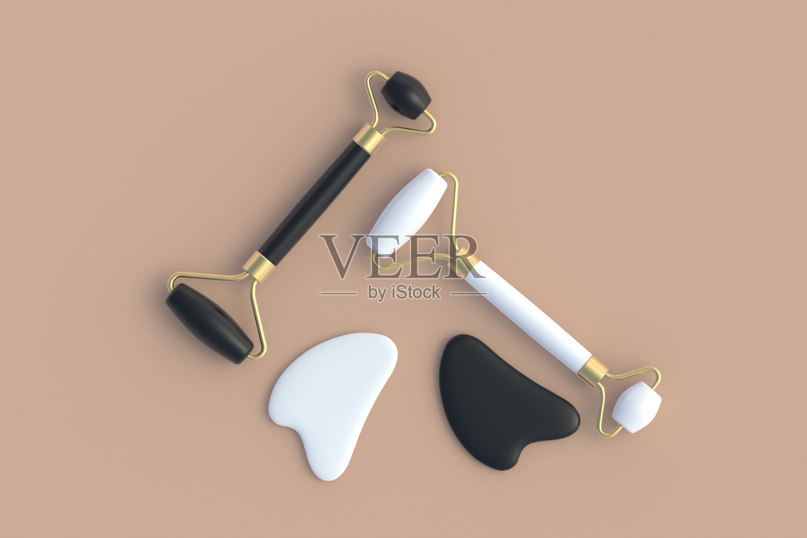 面部按摩用滚轮和刮砂石。提颜健体。化妆品配件。面部皮肤护理。前视图。三维渲染照片摄影图片