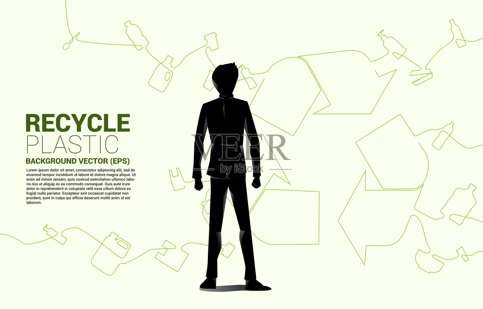 商人和回收图标从单线显示单一使用塑料图标。塑料瓶，袋，杯，吹，勺子，叉子，刀剪影。插画图片素材