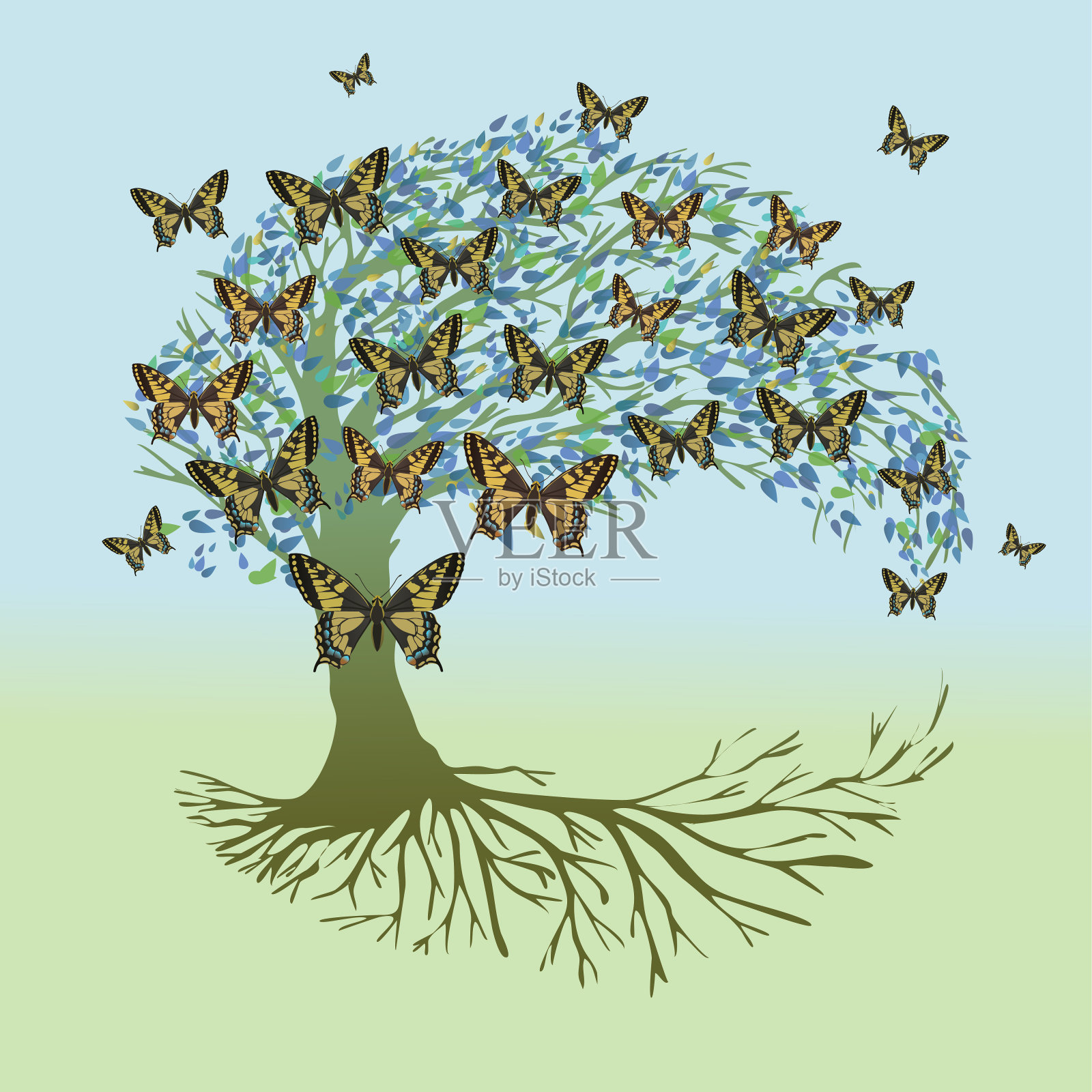 燕尾蝶的生命之树插画图片素材