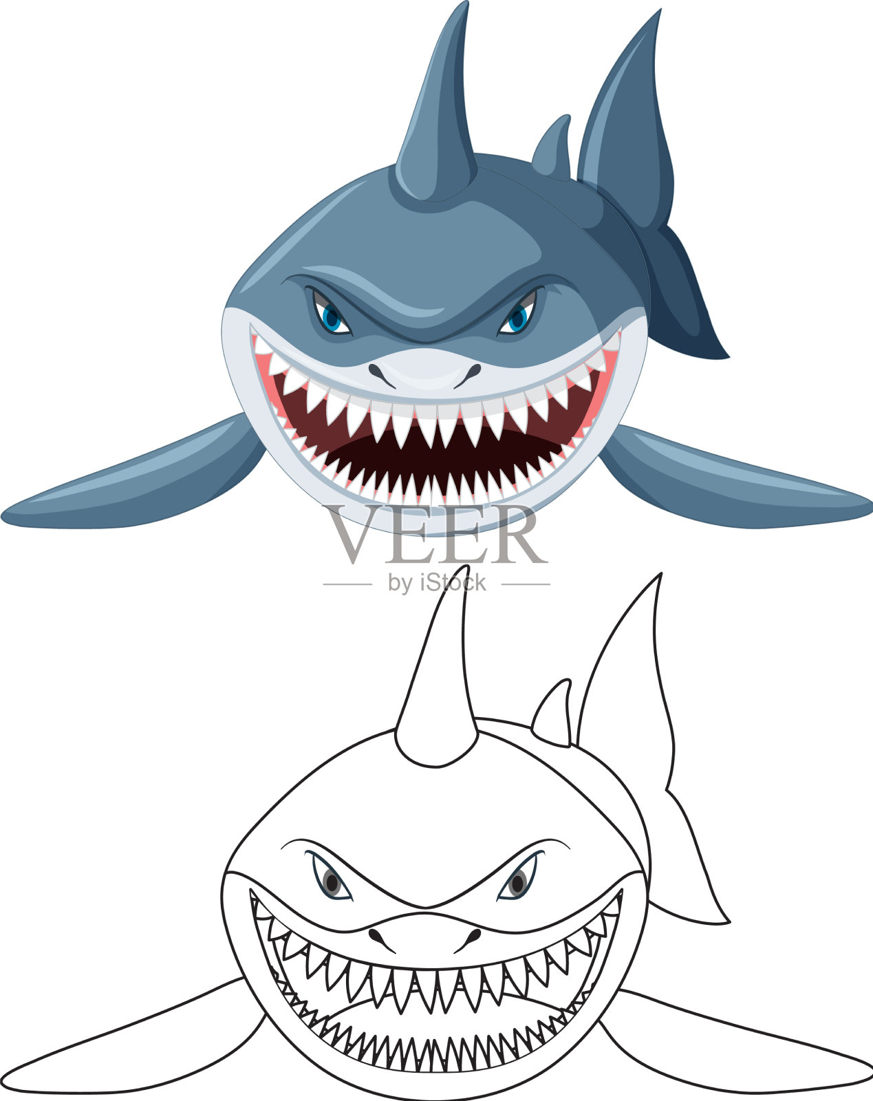 鲨鱼的卡通人物和它的涂鸦轮廓插画图片素材