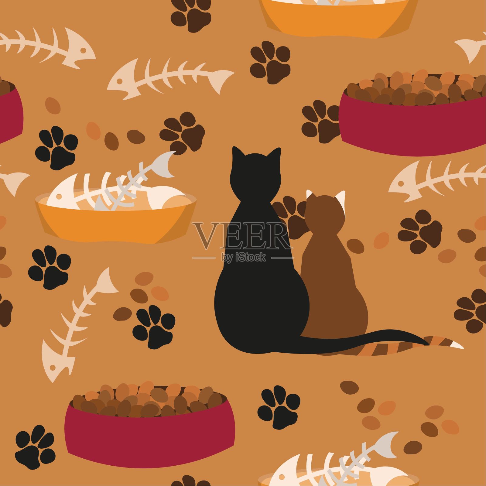猫碗无缝图案插画图片素材