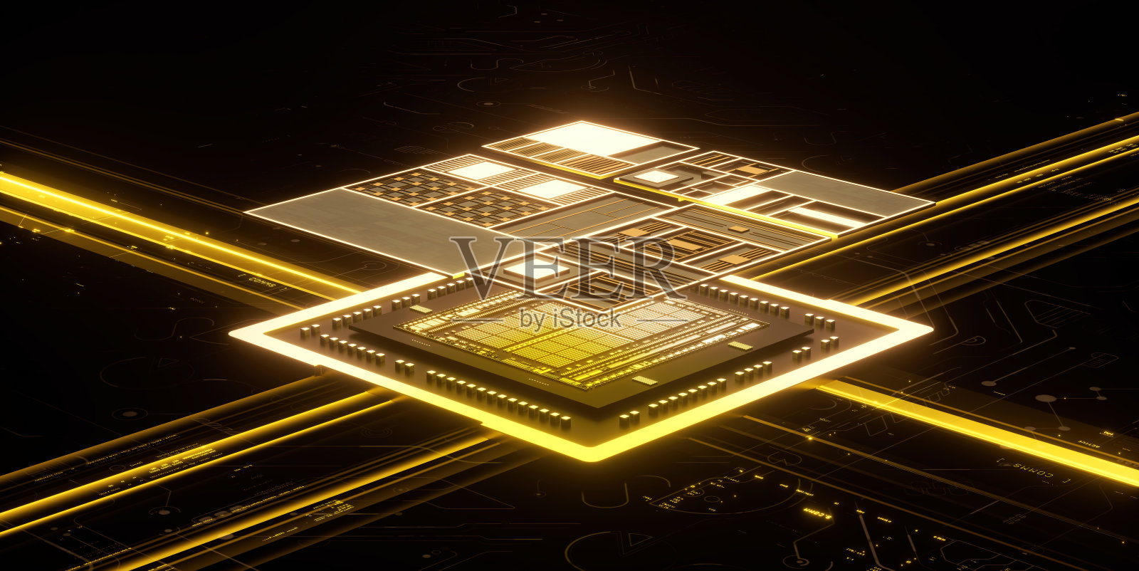 赛博朋克AI的3D渲染。电路板。技术背景。中央计算机处理器CPU和GPU的概念。主板数字芯片。科技背景。照片摄影图片