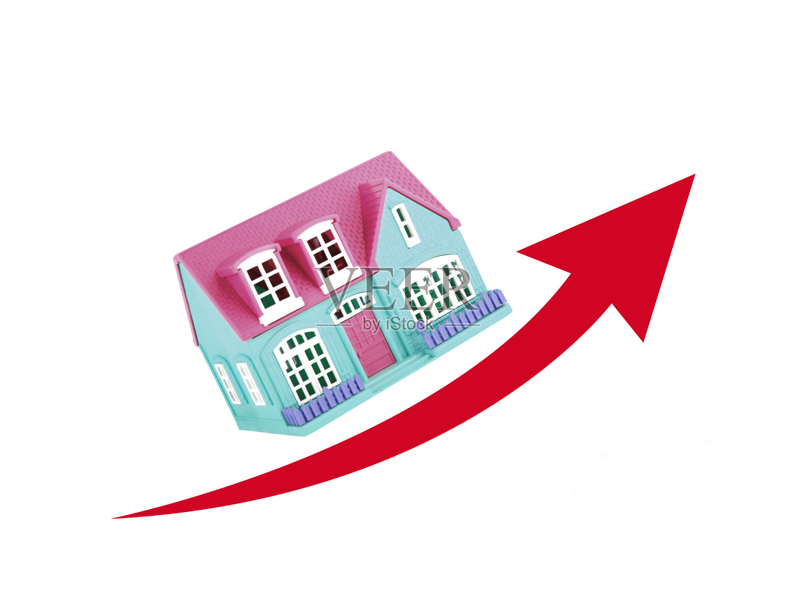 红色的箭和房子。房地产价格上涨的概念照片摄影图片
