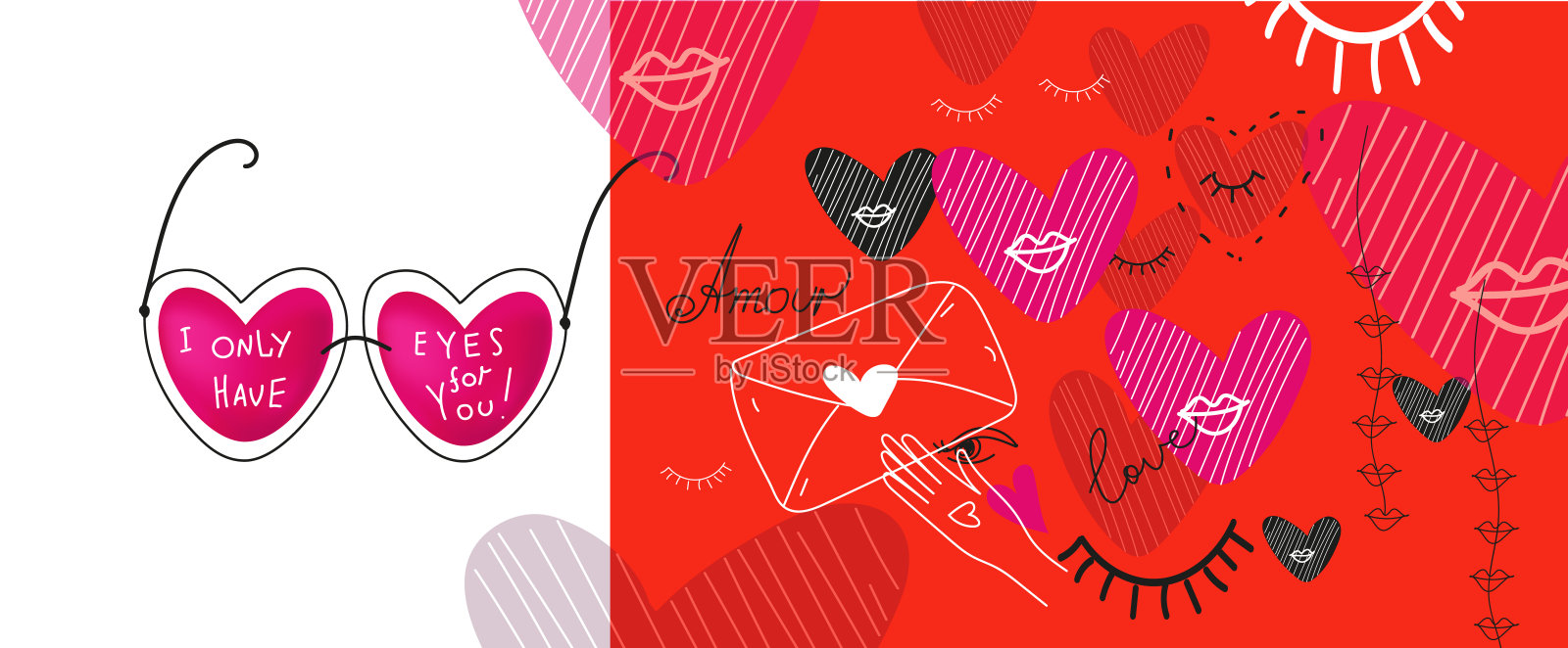 情人节社交媒体banner设计：现代抽象拼贴矢量涂鸦插画（用于贺卡、海报、banner等）设计模板素材