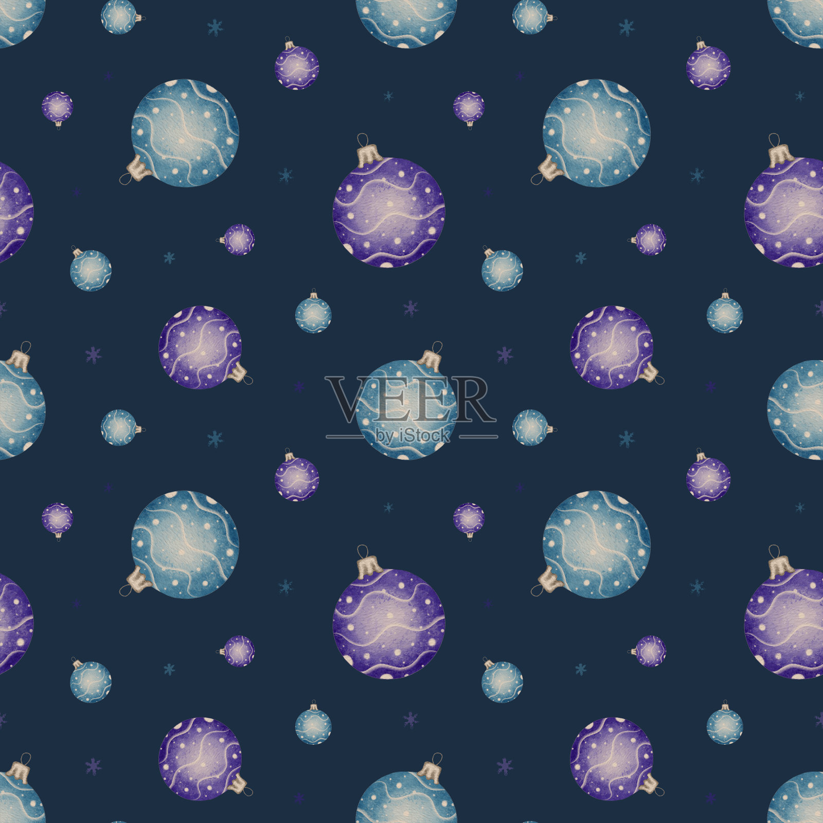 圣诞装饰水彩无缝图案。蓝色和紫色球。圣诞树玩具球。圣诞快乐，新年快乐。剪贴簿、纺织品、壁纸设计。插画图片素材