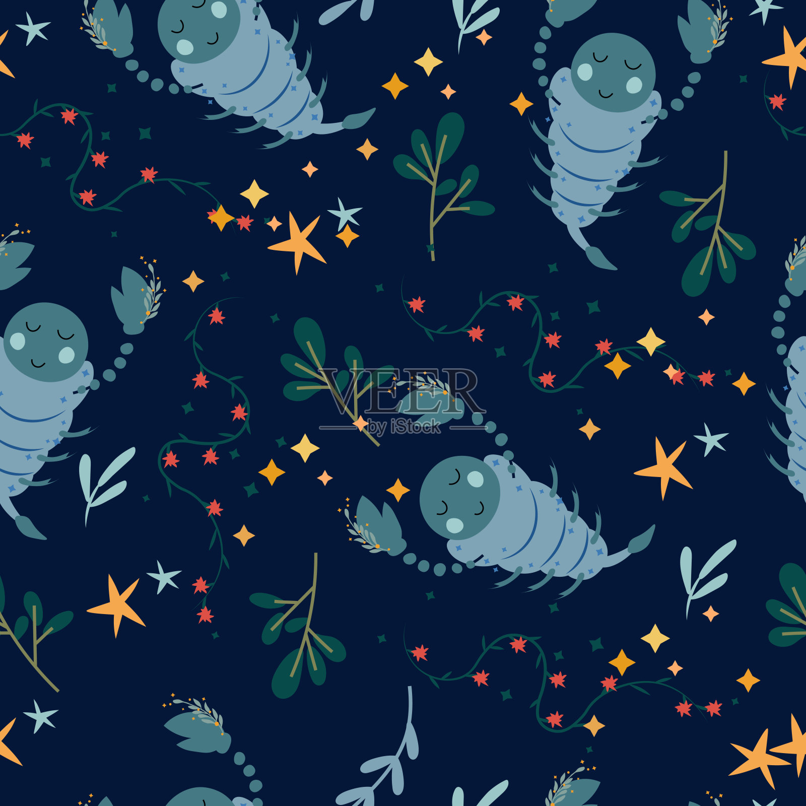 天蝎座的无缝图案，五颜六色的花朵，树叶和星星。占星术:天蝎座。明亮的星象图案可作为纺织品、织物、墙纸、横幅等。向量插画图片素材