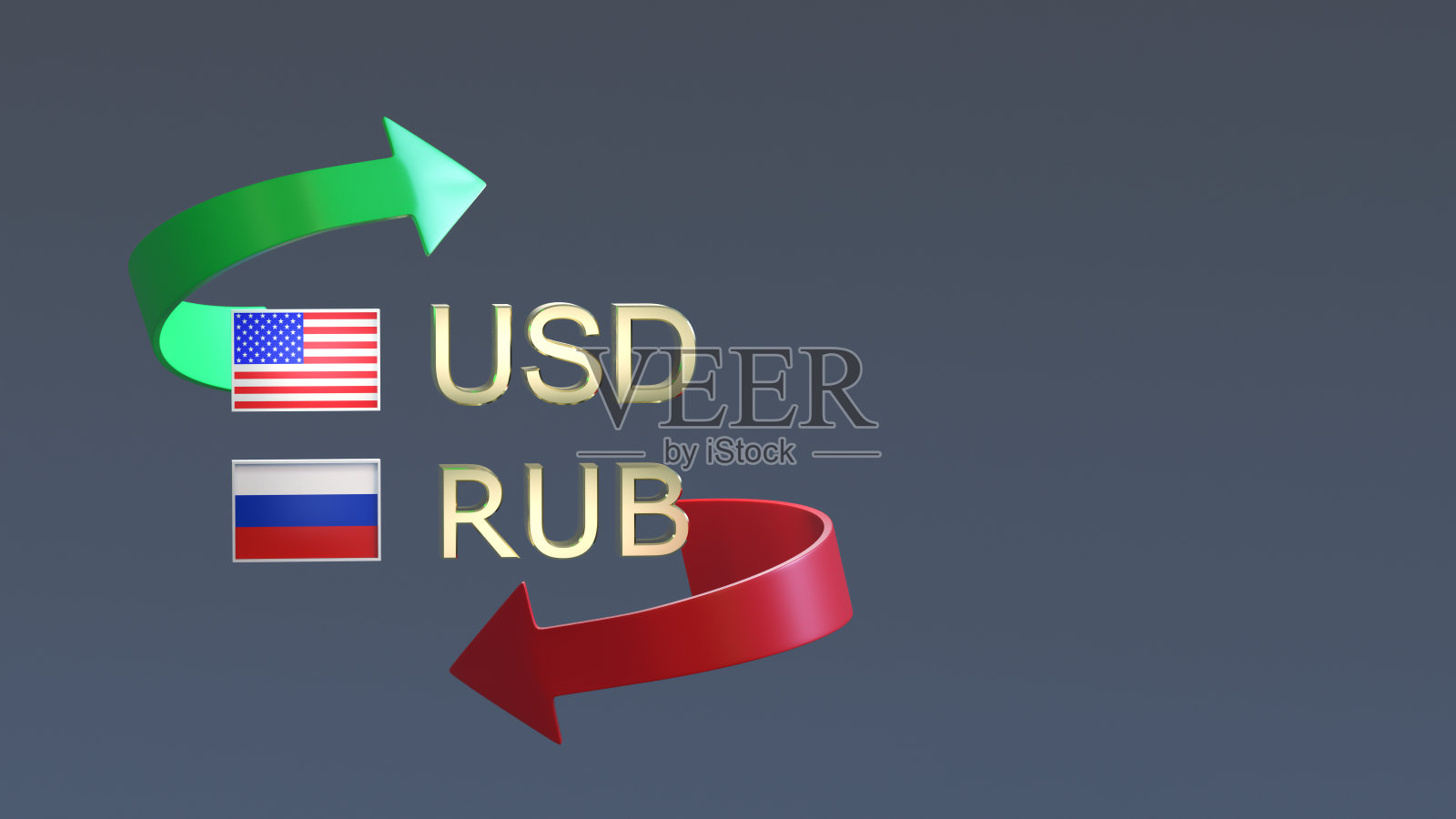 镀金美元和卢布，符号与俄罗斯和美国国旗包围在一个中性背景的红绿箭头。3 d渲染。融资的概念照片摄影图片