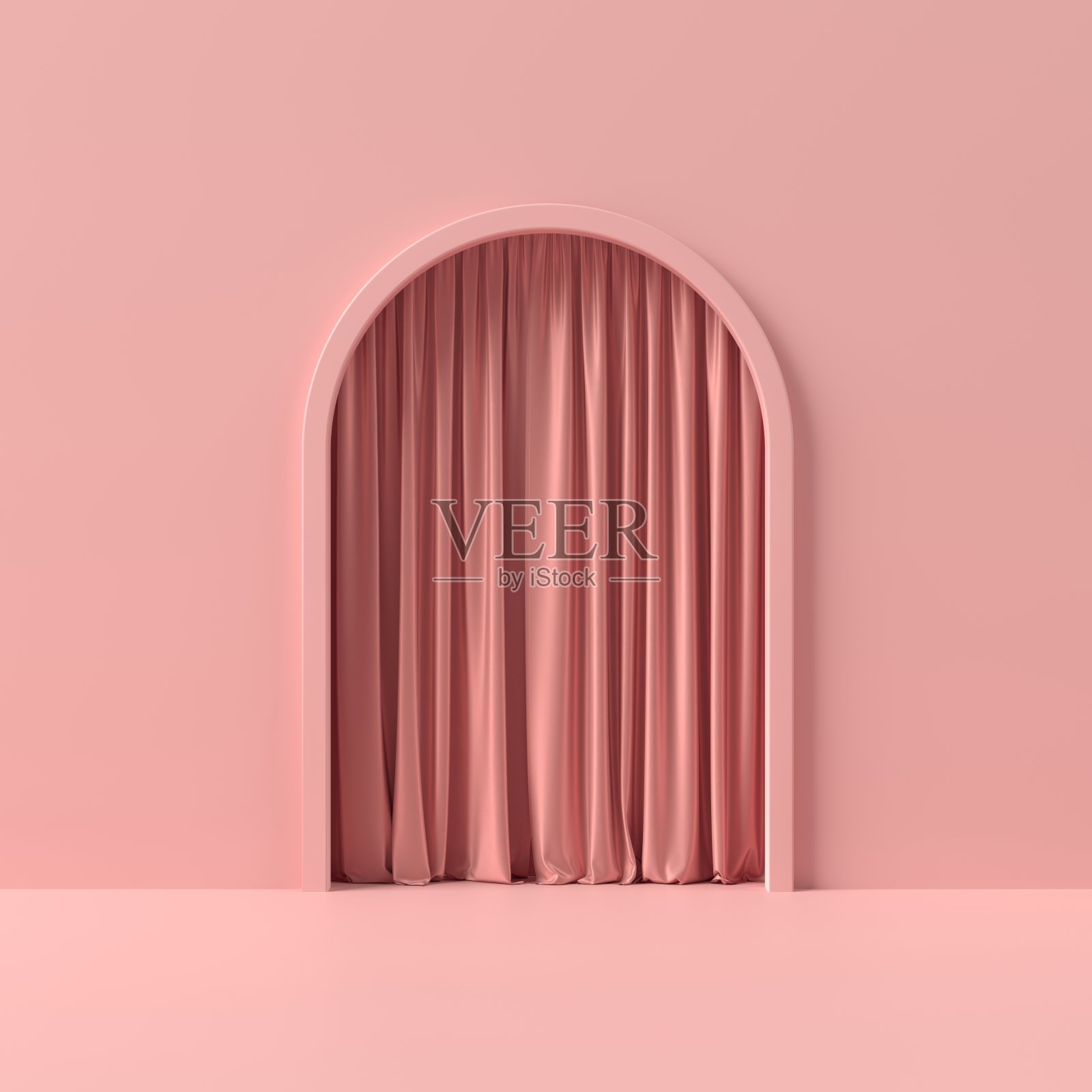 抽象的粉红色讲台，产品展示与窗帘。圆柱体舞台上的粉红色背景3d插图。照片摄影图片