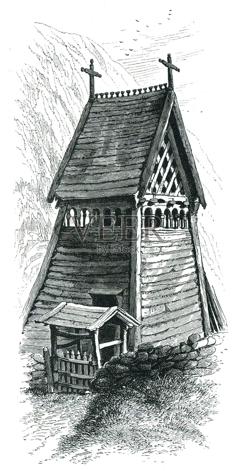 Borgund教堂钟楼19世纪插画插画图片素材