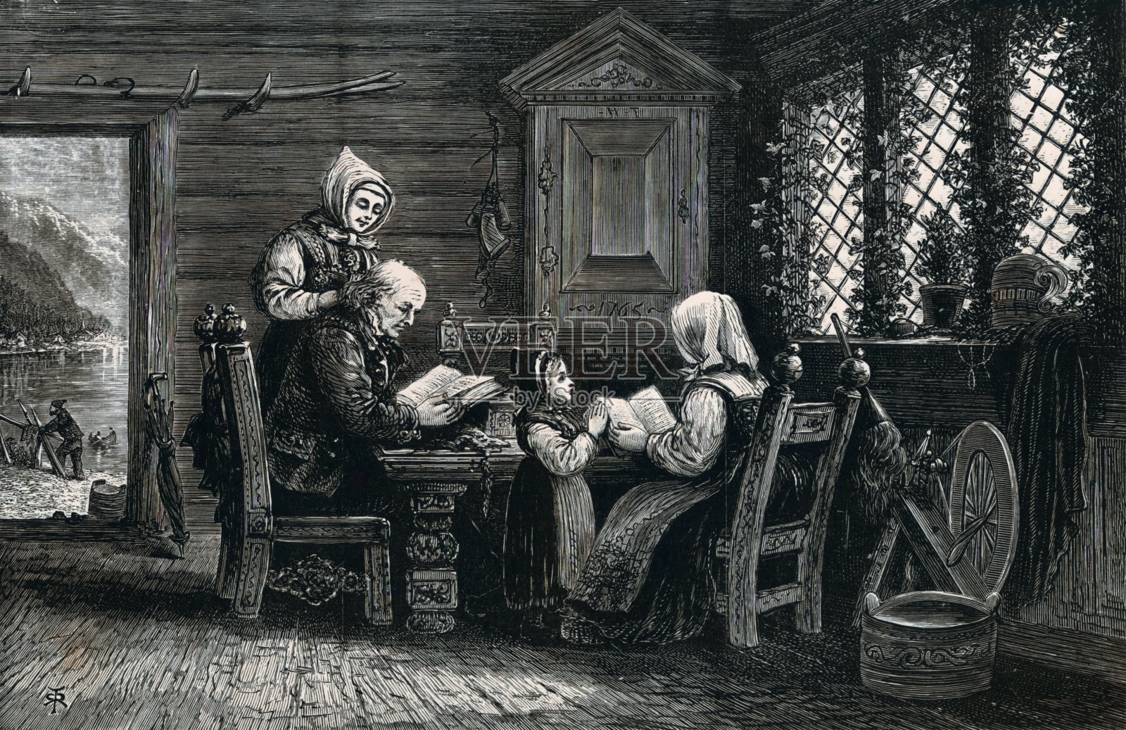 周日在挪威家中展出19世纪的插画插画图片素材