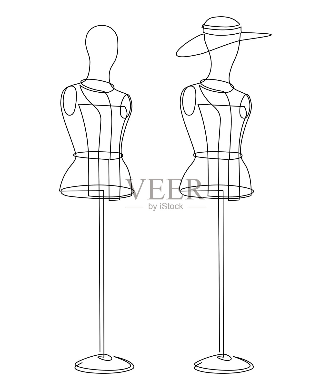 在圆形支架上的一个裁缝的人体模型的女性形象。戴帽子的女人。连续画线。矢量图插画图片素材