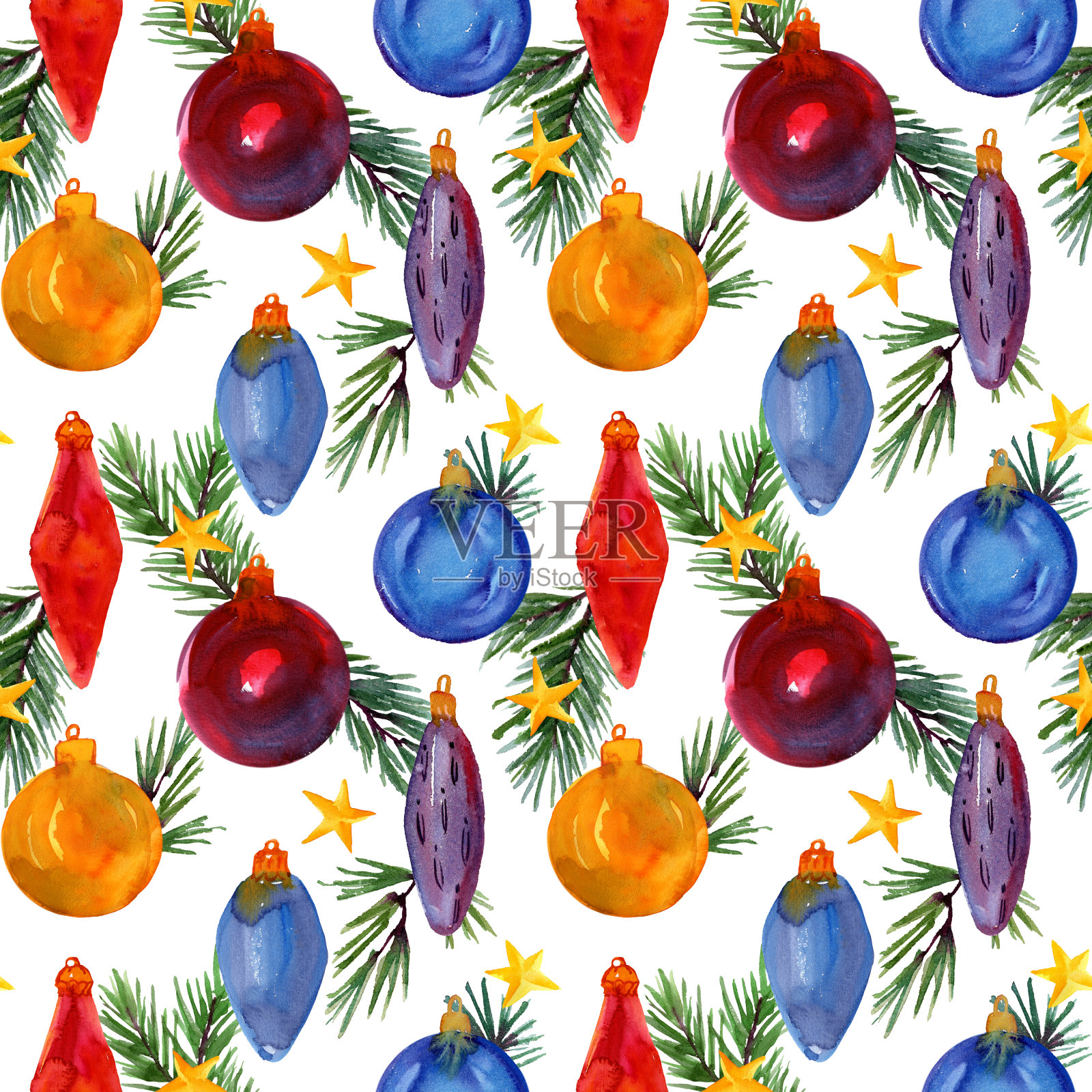 水彩手绘无缝模式与圣诞树玩具，spurce和星星在白色的背景。插画图片素材
