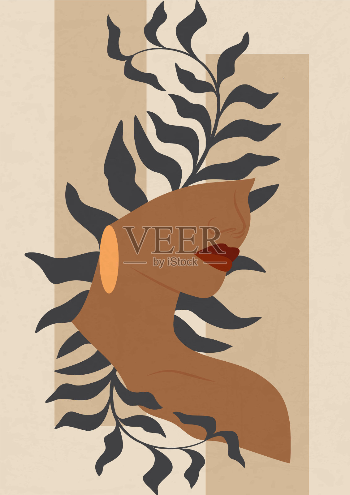 当代艺术海报与妇女和植物在柔和的颜色。插画图片素材