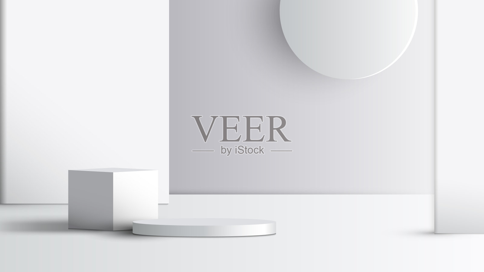 3D逼真的空工作室房间，白色和灰色的讲台圆柱形底座插画图片素材