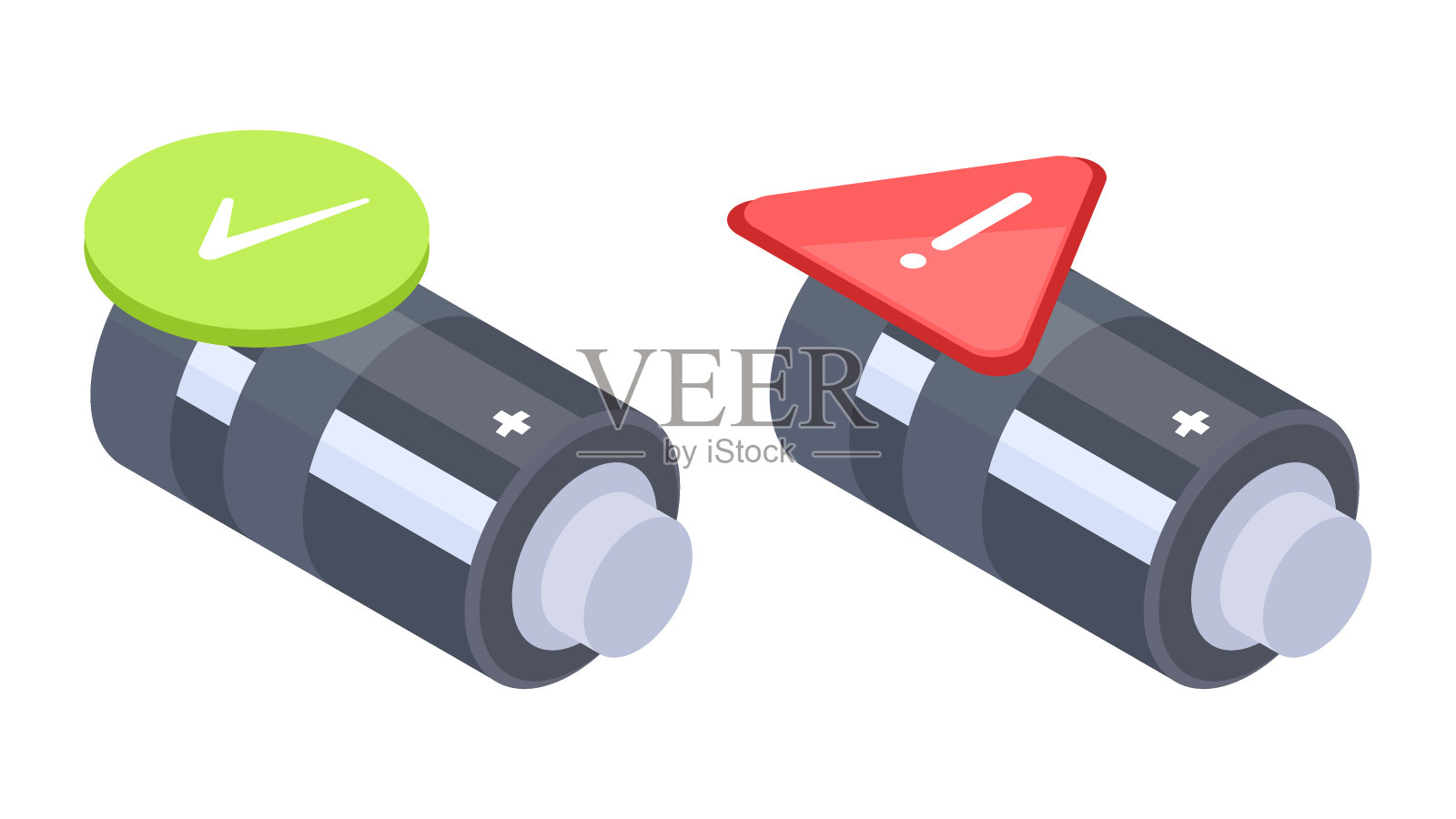 等距充电和死电池。碱性金属蓄电池与绿色和红色的指示，电力电力元素平面矢量插图在白色背景插画图片素材