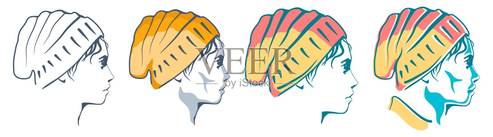 男子侧面视图。孤立的男性面部轮廓。冬天或秋天的帽子。同一个人的多个版本插画图片素材