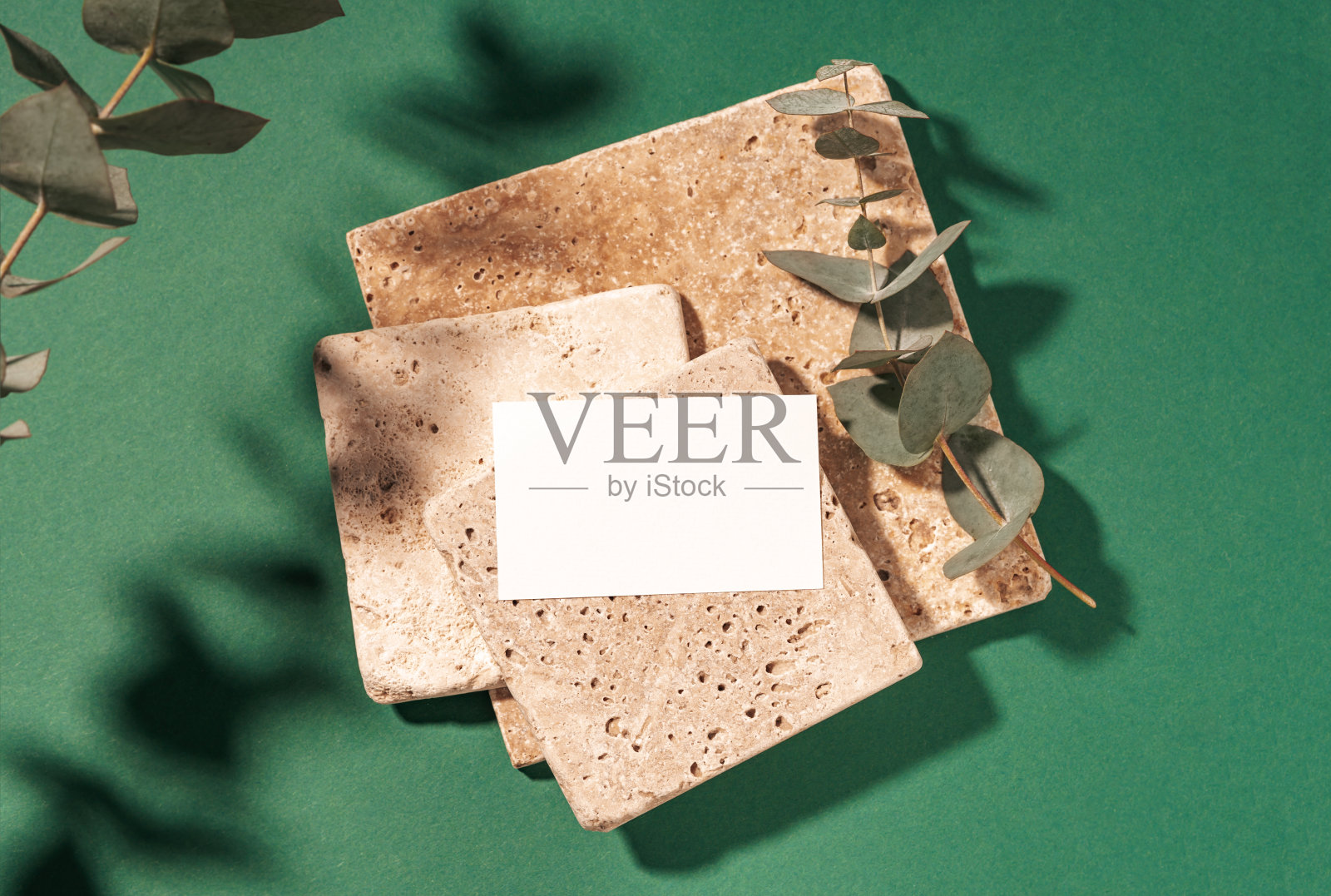 婚礼请柬模型，空白白色卡片与绿色桉树枝上的石灰华石。鲜花问候空白。带有复制空间的最小场景。前视图。照片摄影图片