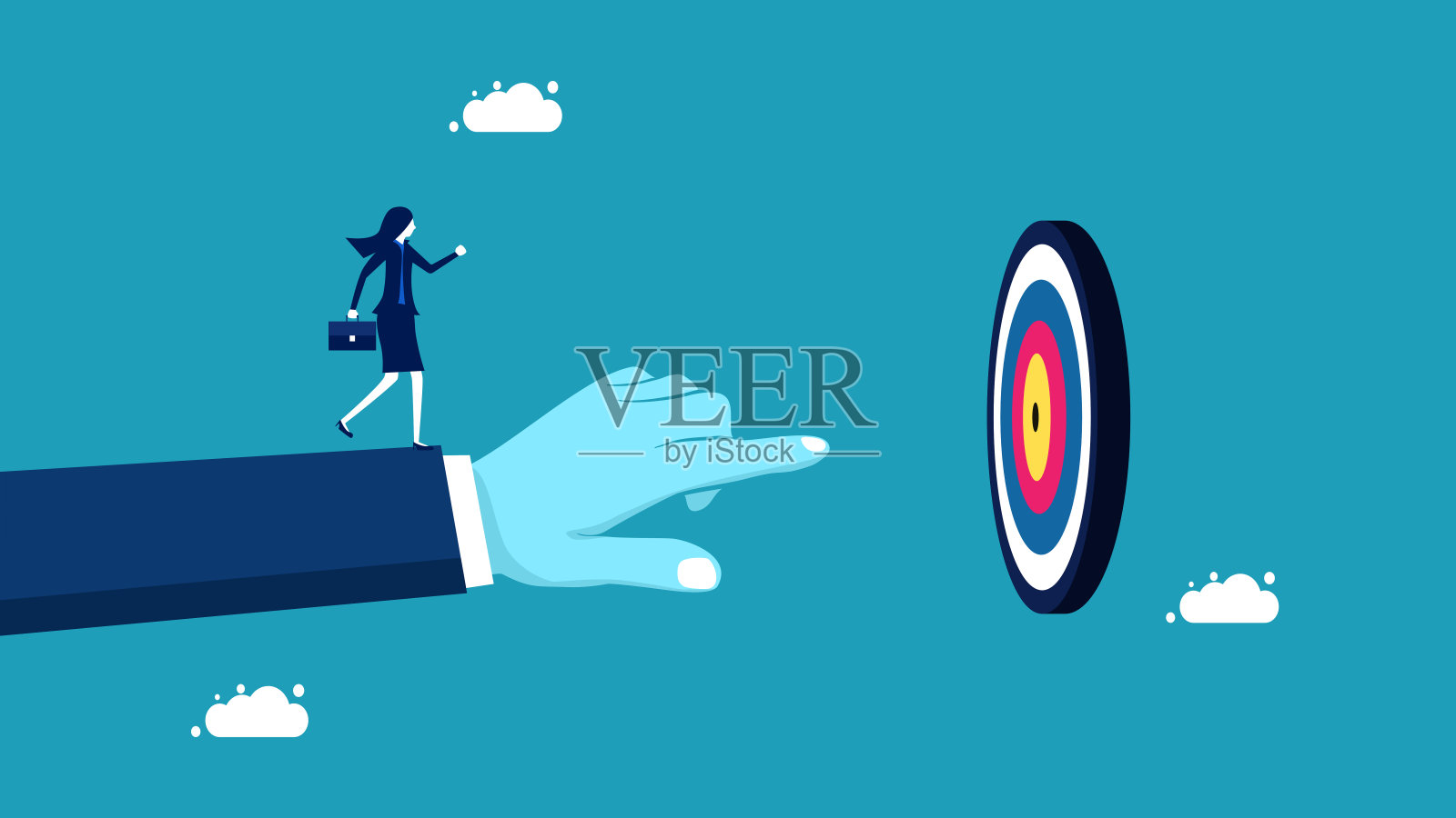 指令。女商人跟着指向目标的大手指插画图片素材