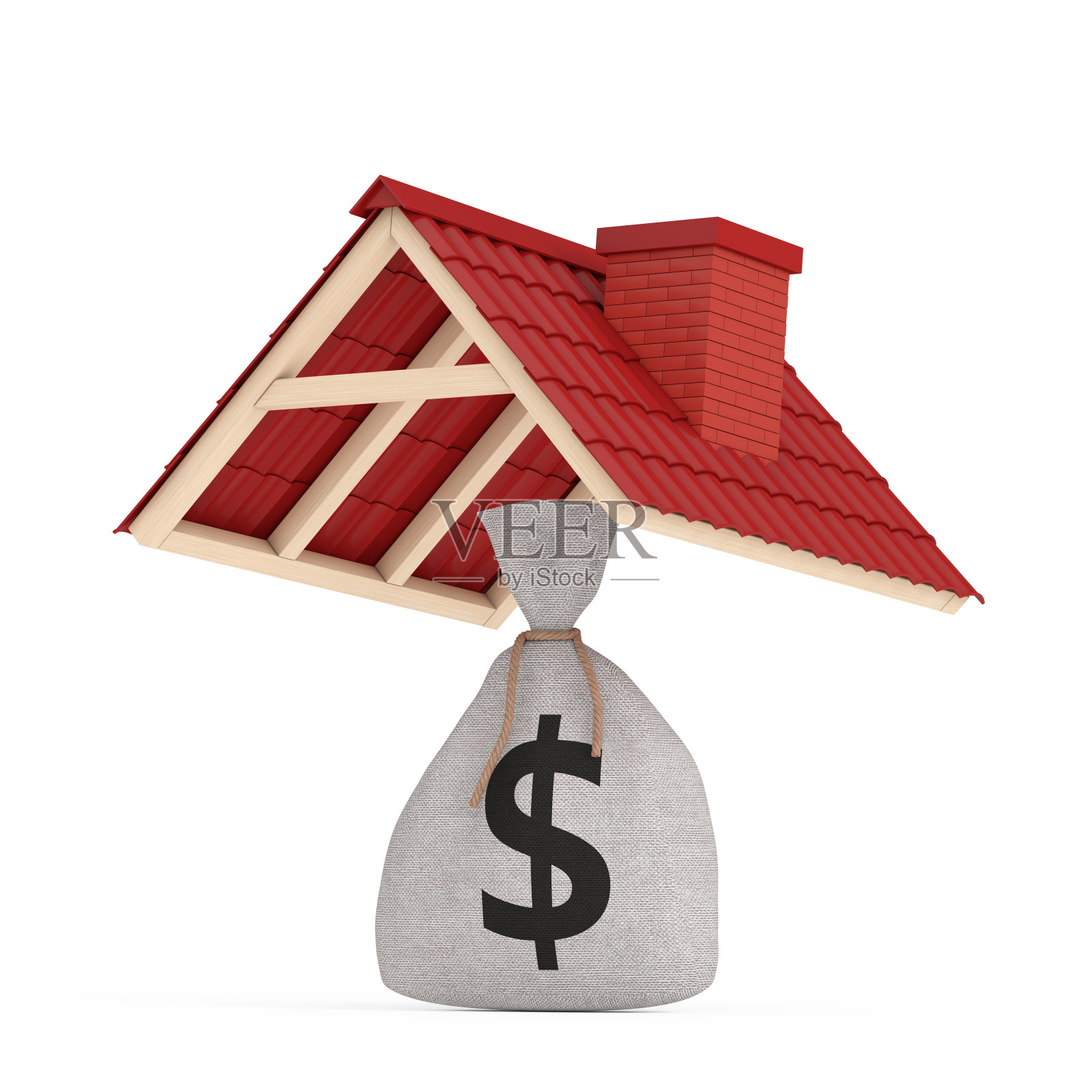 绑乡村帆布亚麻布钱袋或钱袋美元标志下红瓦屋顶。3d渲染照片摄影图片