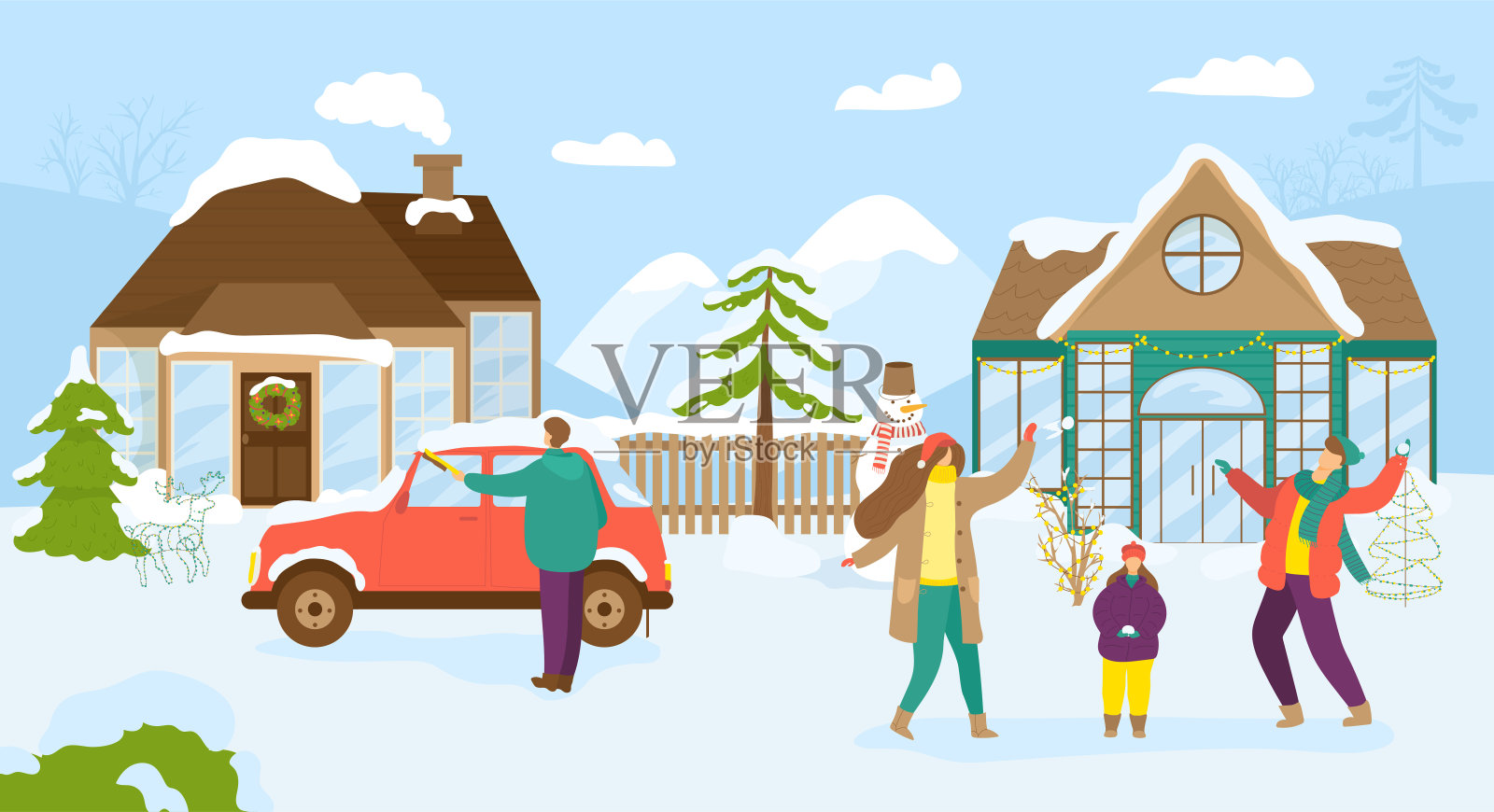 圣诞佳节近屋，矢量插图。冬季城市街道以雪景为背景，卡通欢乐的人景。平的庆祝活动插画图片素材