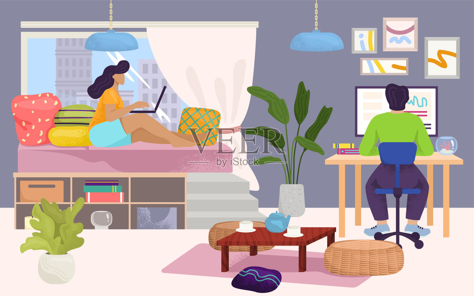 家庭工作场所，矢量插图。男女人性格用笔记本电脑上网，平自由职业者。人们夫妻自由职业者插画图片素材