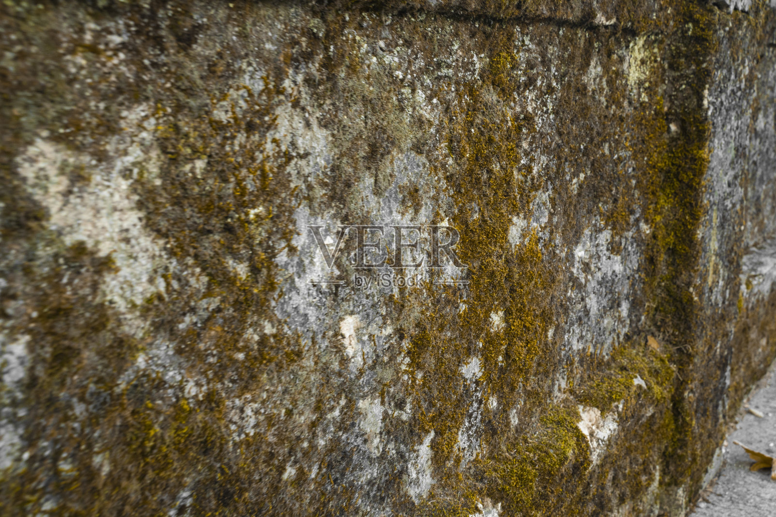 石墙的纹理，上面生长着橙绿色的苔藓。照片摄影图片