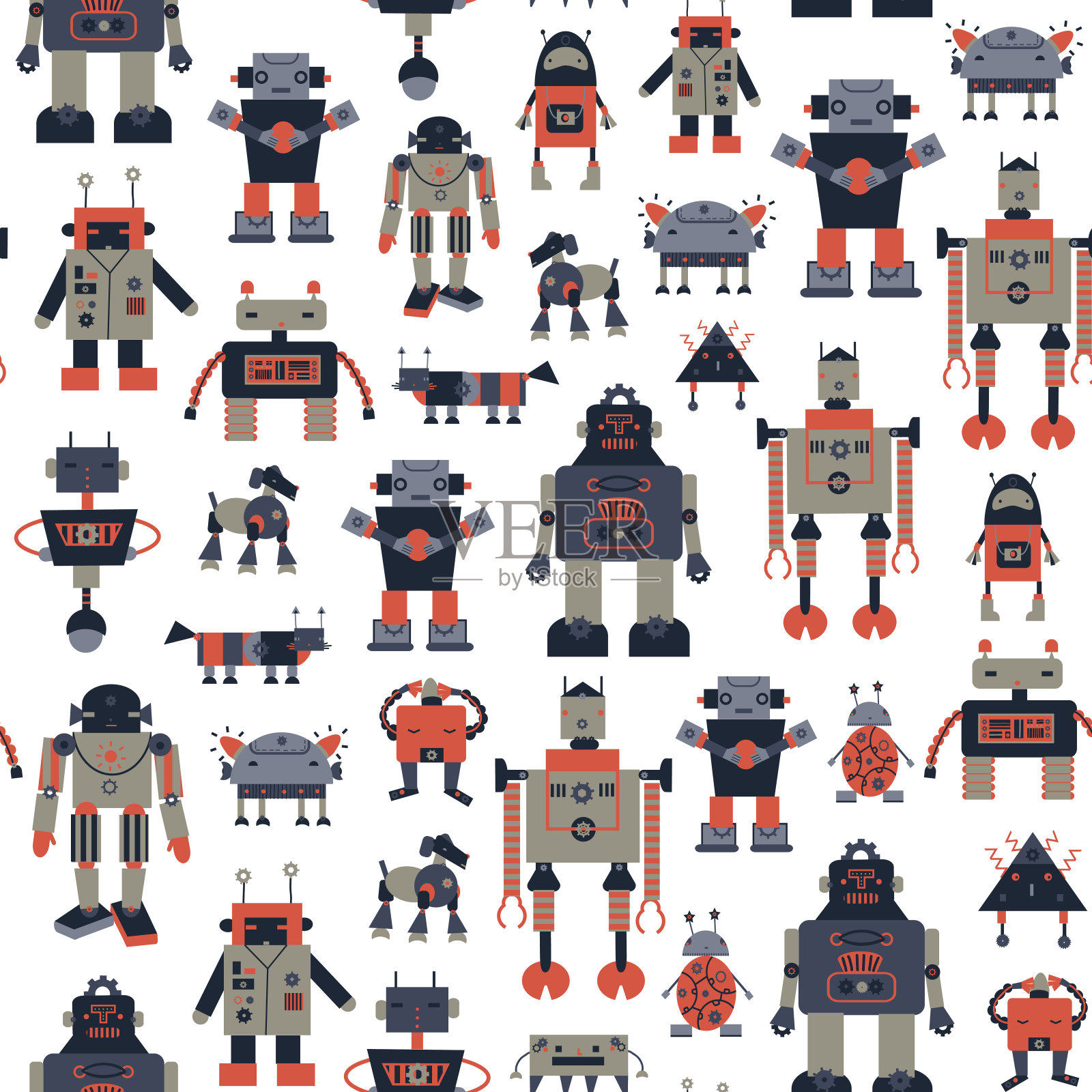 有趣的机器人矢量无缝图案。插画图片素材