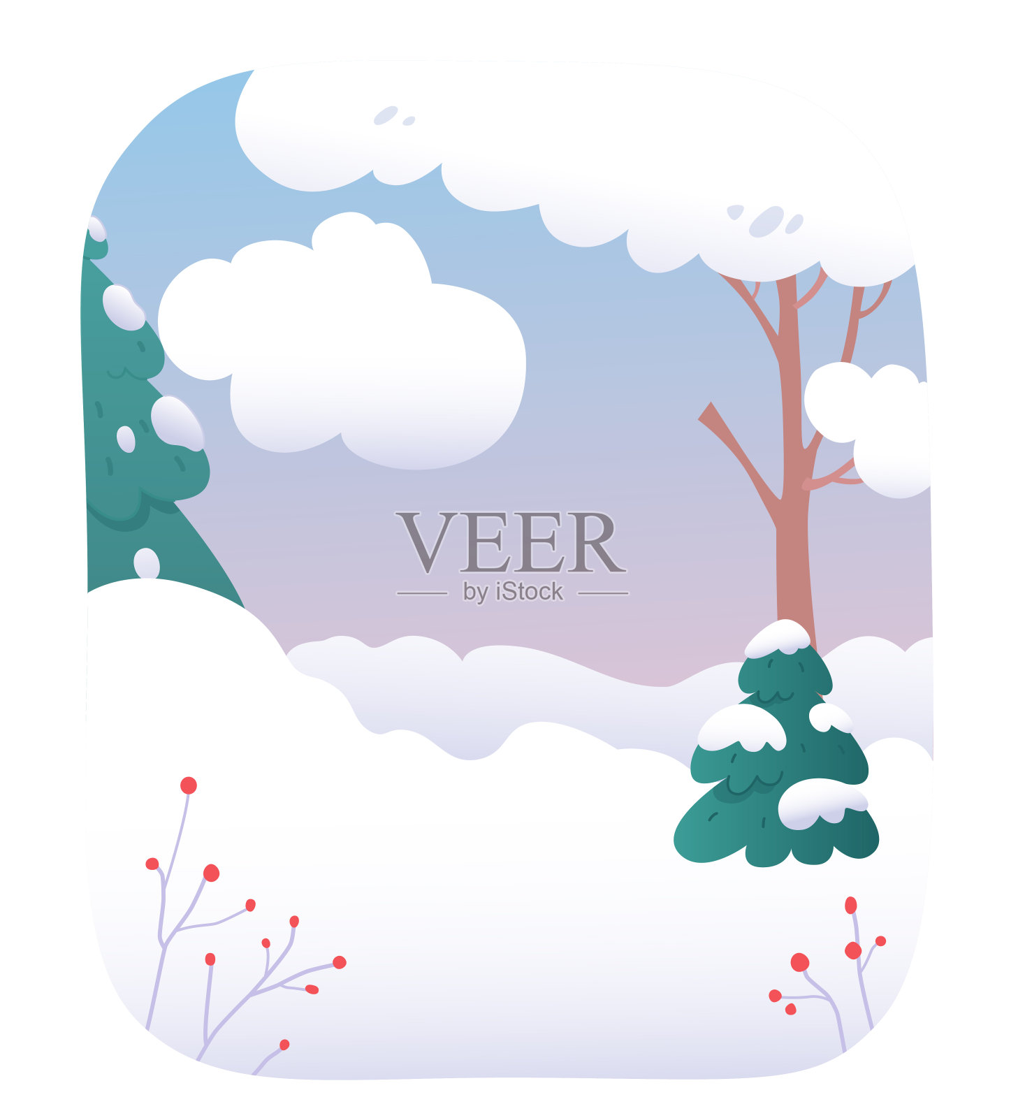 可爱的冬季森林景观为圣诞明信片，树木，红色的浆果覆盖着雪插画图片素材