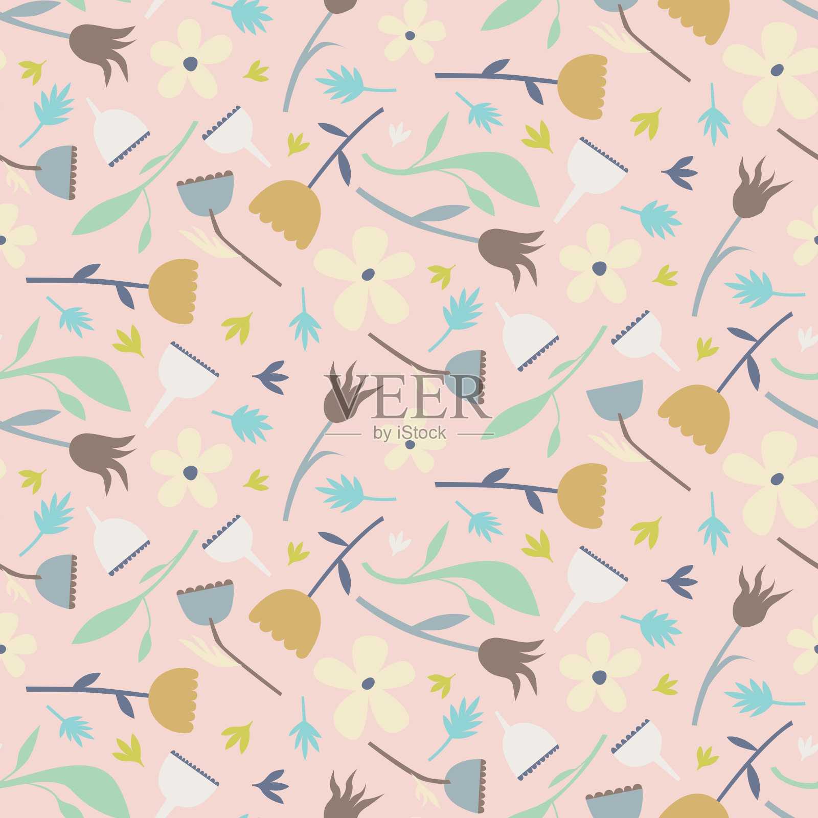 中等规模的风格花分散重复模式在苍白的珊瑚背景插画图片素材